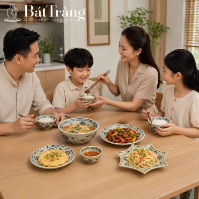 Bộ Bát Đĩa Men Rạn Giả Cổ Hoa Cúc Dây Xanh Lam Bát Tràng ST-BD04 - Chi tiết 1