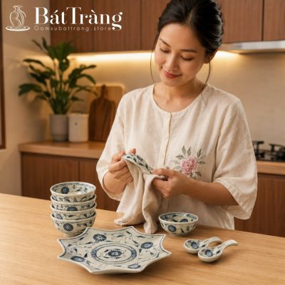 Bộ Bát Đĩa Men Rạn Giả Cổ Hoa Cúc Dây Xanh Lam Bát Tràng ST-BD04 - Chi tiết 4