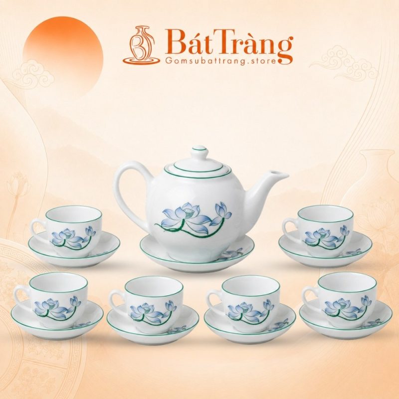 Bộ trà sứ trắng Bát Tràng vẽ sen xanh