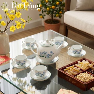 Bộ Trà Sứ Trắng Vẽ Sen Xanh Chỉ Xanh Bát Tràng ST-AC02 - Chi tiết 1