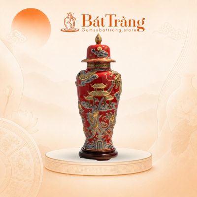 Chóe thờ trang trí màu đỏ "Cá chép vượt vũ môn" đắp nổi dát vàng ST-CT01