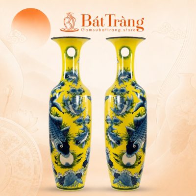 Lục bình Bát Tràng hoạt tiết sen chép men vàng BT-LB02