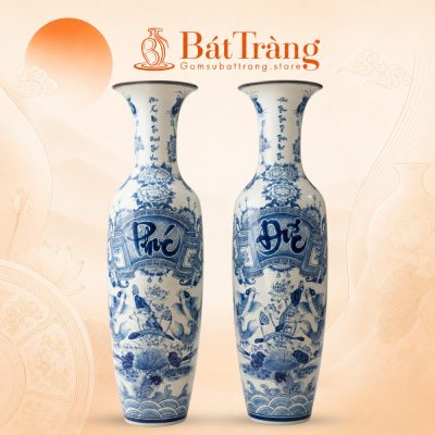 Lộc bình họa tiết Phúc Đức men lam ST-LB03