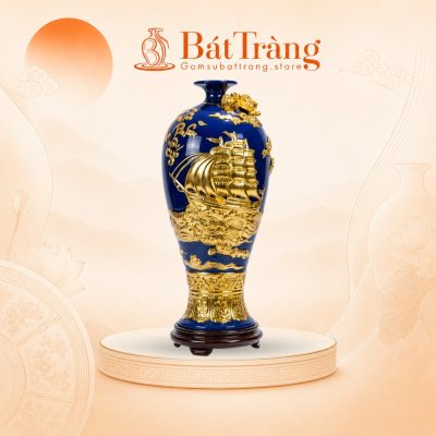 Mai bình Thuận Buồm Xuôi Gió dát vàng màu xanh coban ST-MB01