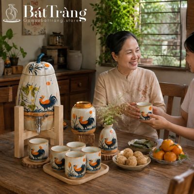 Bộ Bình Nước Dáng Quả Bí Gốm Bát Tràng Gà Trống Phát Tài Vẽ Tay ST-BBN04 - Chi tiết 1