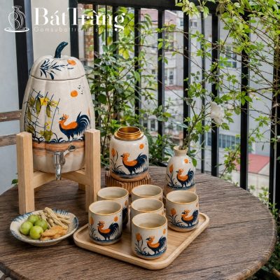 Bộ Bình Nước Dáng Quả Bí Gốm Bát Tràng Gà Trống Phát Tài Vẽ Tay ST-BBN04 - Chi tiết 2