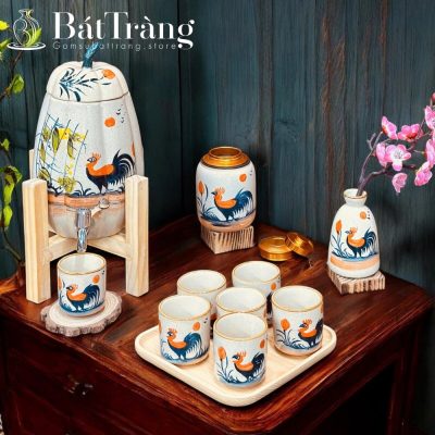Bộ Bình Nước Dáng Quả Bí Gốm Bát Tràng Gà Trống Phát Tài Vẽ Tay ST-BBN04 - Chi tiết 3