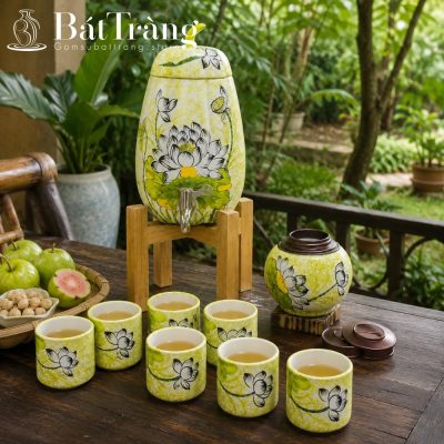 Bộ Bình Nước Dáng Quả Bí Gốm Bát Tràng Họa Tiết Sen An Nhiên ST-BBN10 - Chi tiết 1