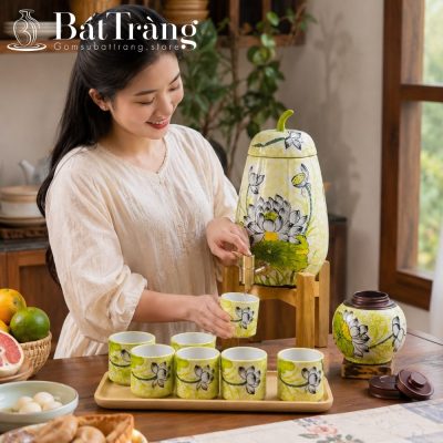 Bộ Bình Nước Dáng Quả Bí Gốm Bát Tràng Họa Tiết Sen An Nhiên ST-BBN10 - Chi tiết 2