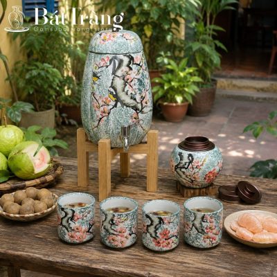 Bộ Bình Nước Dáng Quả Bí Gốm Sứ Bát Tràng Họa Tiết Hoa Đào ST-BBN15 - Chi tiết 1