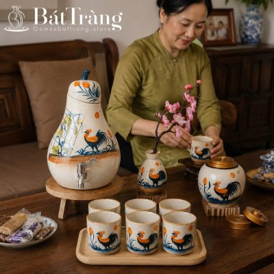 Bộ Bình Nước Dáng Quả Lê Gốm Bát Tràng Họa Tiết Gà ST-BBN02 - Chi tiết 3