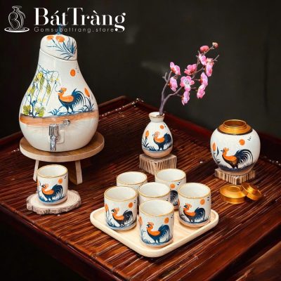 Bộ Bình Nước Dáng Quả Lê Gốm Bát Tràng Họa Tiết Gà ST-BBN02 - Chi tiết 4