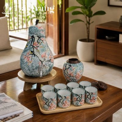 Bộ Bình Nước Dáng Quả Lê Gốm Sứ Bát Tràng Hoa Đào ST-BBN14 - Chi tiết 1