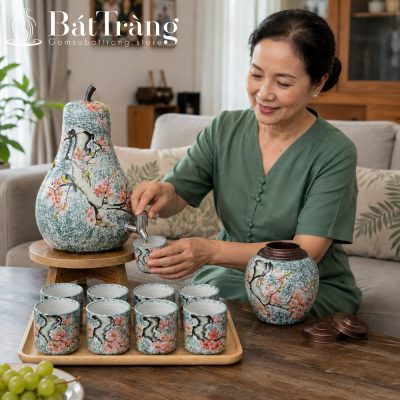 Bộ Bình Nước Dáng Quả Lê Gốm Sứ Bát Tràng Hoa Đào ST-BBN14 - Chi tiết 2