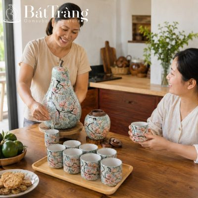 Bộ Bình Nước Dáng Quả Lê Gốm Sứ Bát Tràng Hoa Đào ST-BBN14 - Chi tiết 3