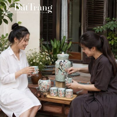 Bộ Bình Nước Dáng Trụ Bát Tràng Họa Tiết Hoa Đào ST-BBN16 - Chi tiết 1
