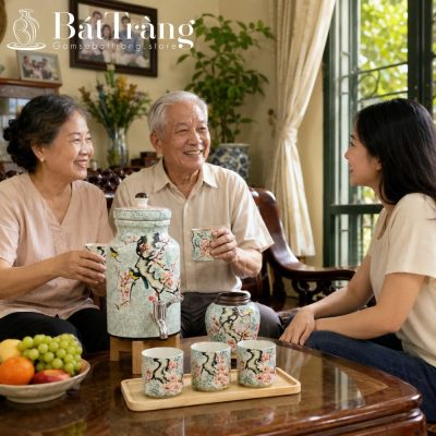 Bộ Bình Nước Dáng Trụ Bát Tràng Họa Tiết Hoa Đào ST-BBN16 - Chi tiết 2
