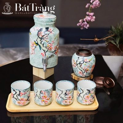 Bộ Bình Nước Dáng Trụ Bát Tràng Họa Tiết Hoa Đào ST-BBN16 - Chi tiết 3