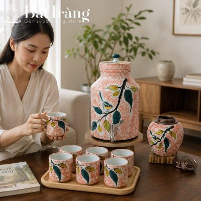Bộ Bình Nước Dáng Trụ Đứng Gốm Bát Tràng Vẽ Cành Chim ST-BBN01 - Chi tiết 1