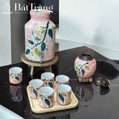 Bộ Bình Nước Dáng Trụ Đứng Gốm Bát Tràng Vẽ Cành Chim ST-BBN01 - Chi tiết 4