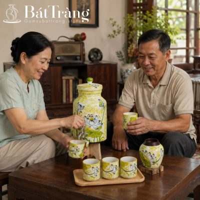 Bộ Bình Nước Dáng Trụ Đứng Gốm Sứ Bát Tràng Hoa Sen Thanh Khiết ST-BBN09 - Chi tiết 1