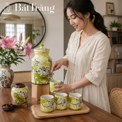Bộ Bình Nước Dáng Trụ Đứng Gốm Sứ Bát Tràng Hoa Sen Thanh Khiết ST-BBN09 - Chi tiết 3
