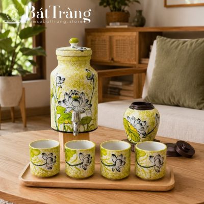 Bộ Bình Nước Dáng Trụ Đứng Gốm Sứ Bát Tràng Hoa Sen Thanh Khiết ST-BBN09 - Chi tiết 4