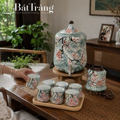 Bộ Bình Nước Dáng Đu Đủ Họa Tiết Hoa Điểu Bát Tràng Cao Cấp ST-BBN12 - Chi tiết 1