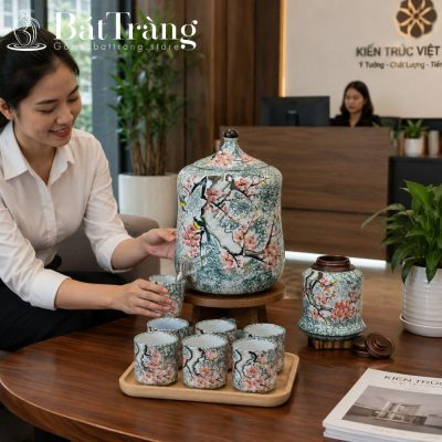 Bộ Bình Nước Dáng Đu Đủ Họa Tiết Hoa Điểu Bát Tràng Cao Cấp ST-BBN12 - Chi tiết 2