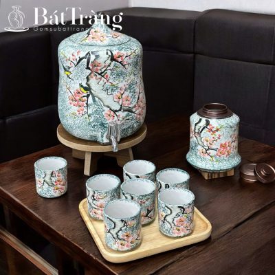 Bộ Bình Nước Dáng Đu Đủ Họa Tiết Hoa Điểu Bát Tràng Cao Cấp ST-BBN12 - Chi tiết 3