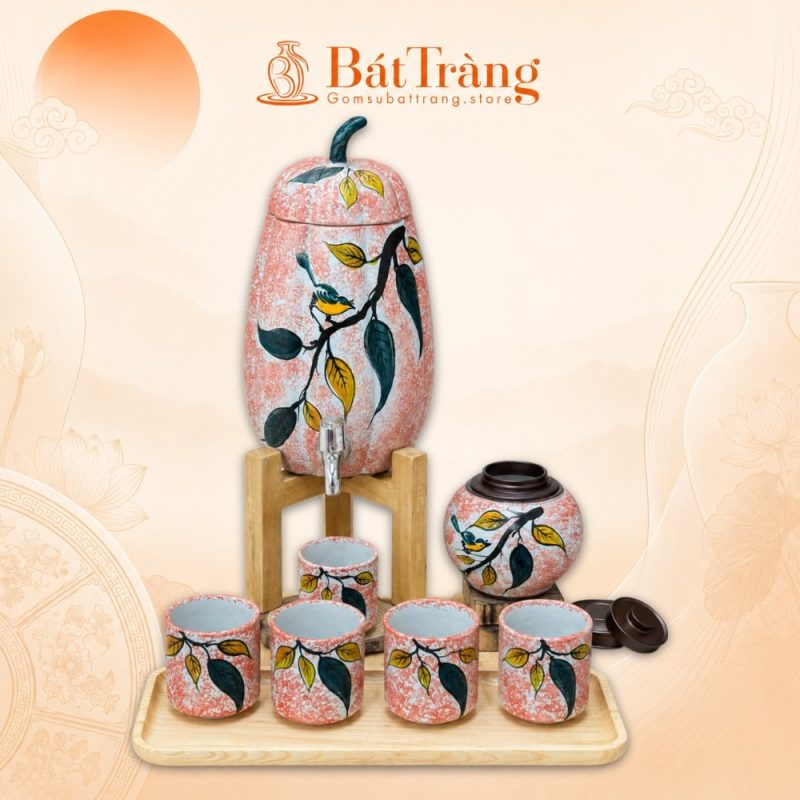 Bộ Bình Nước Gốm Sứ Bát Tràng Họa Tiết Chim Lá Mộc Mạc ST-BBN18