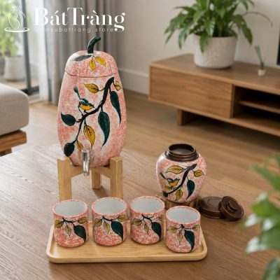 Bộ Bình Nước Gốm Sứ Bát Tràng Họa Tiết Chim Lá Mộc Mạc ST-BBN18 - Chi tiết 1