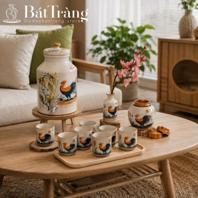 Bộ Bình Nước Gốm Sứ Bát Tràng Họa Tiết Gà Trống Dân Gian ST-BBN05 - Chi tiết 1