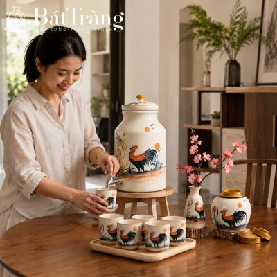 Bộ Bình Nước Gốm Sứ Bát Tràng Họa Tiết Gà Trống Dân Gian ST-BBN05 - Chi tiết 2