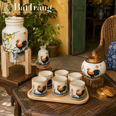 Bộ Bình Nước Gốm Sứ Bát Tràng Họa Tiết Gà Trống Dân Gian ST-BBN05 - Chi tiết 4
