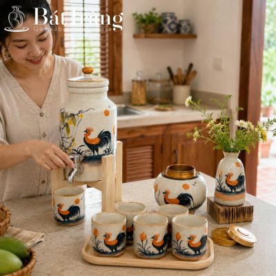 Bộ Bình Nước Gốm Sứ Bát Tràng Họa Tiết Gà Trống Dân Gian ST-BBN05 - Chi tiết 5