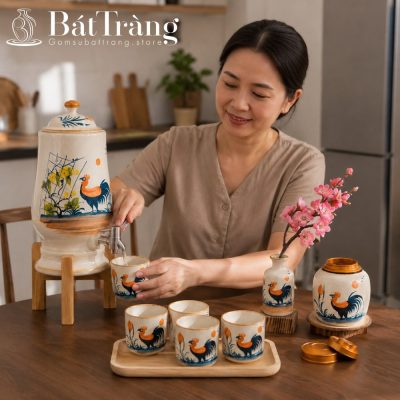 Bộ Bình Nước Gốm Sứ Bát Tràng Họa Tiết Gà Trống Vinh Hoa ST-BBN03 - Chi tiết 4