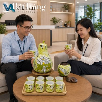 Bộ Bình Nước Gốm Sứ Bát Tràng Men Xanh Họa Tiết Hoa Sen Dáng Quả Lê ST-BBN07 - Chi tiết 2