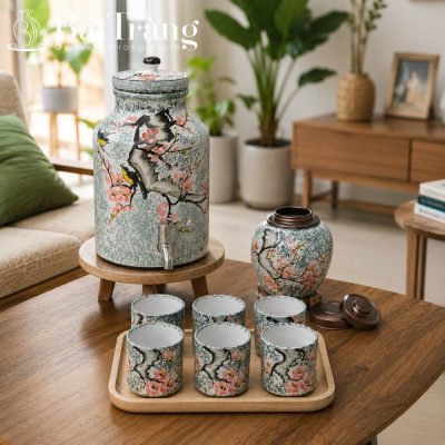 Bộ Bình Nước Gốm Sứ Bát Tràng Vẽ Tay Chim Hoa Đào Thanh Nhã ST-BBN13 - Chi tiết 1
