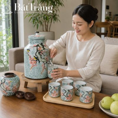 Bộ Bình Nước Gốm Sứ Bát Tràng Vẽ Tay Chim Hoa Đào Thanh Nhã ST-BBN13 - Chi tiết 3