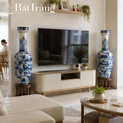 Cặp Bình Tỳ Bà Bát Tràng Vẽ Cảnh Bách Nhi Đồ Men Lam Cao Cấp ST-TB01 - Chi tiết 1