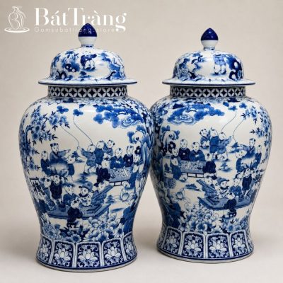 Đôi Chóe Bát Tràng Men Lam Họa Tiết Bách Nhi Đồ Vẽ Tay ST-CT03 - Chi tiết 4
