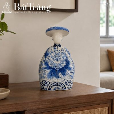 Tượng Cô Gái Bát Tràng Vẽ Hoa Mẫu Đơn Men Lam ST-TG11 - Chi tiết 2