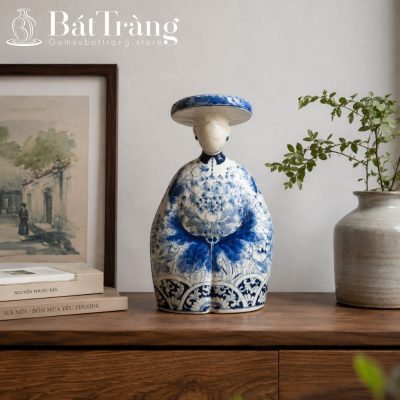 Tượng Cô Gái Bát Tràng Vẽ Hoa Mẫu Đơn Men Lam ST-TG11 - Chi tiết 3