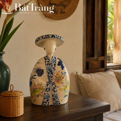 Tượng Cô Gái Việt Bát Tràng Dáng Áo Dài Cổ Phục Nhật Bình Hoa Sen ST-TG10 - Chi tiết 1