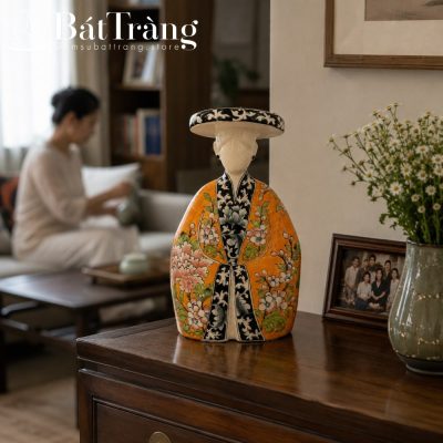 Tượng Gốm Sứ Cô Gái Việt Dáng Áo Dài Họa Tiết Cổ Truyền ST-TG13 - Chi tiết 4